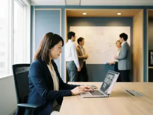 Geschäftsfrau absolviert Online-Schulung am Laptop, während Kollegen im Hintergrund an einem Whiteboard zusammenarbeiten.