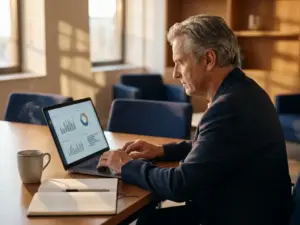 Führungskraft analysiert Analytics-Dashboard auf Laptop am aufgeräumten Schreibtisch mit Kaffeetasse und Notizbuch im warmen Bürolicht.