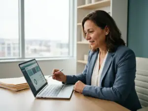 HR-Fachkraft prüft Lern-Dashboard auf Laptop im modernen Büro, Personalakten und Tageslichtfenster im Hintergrund.