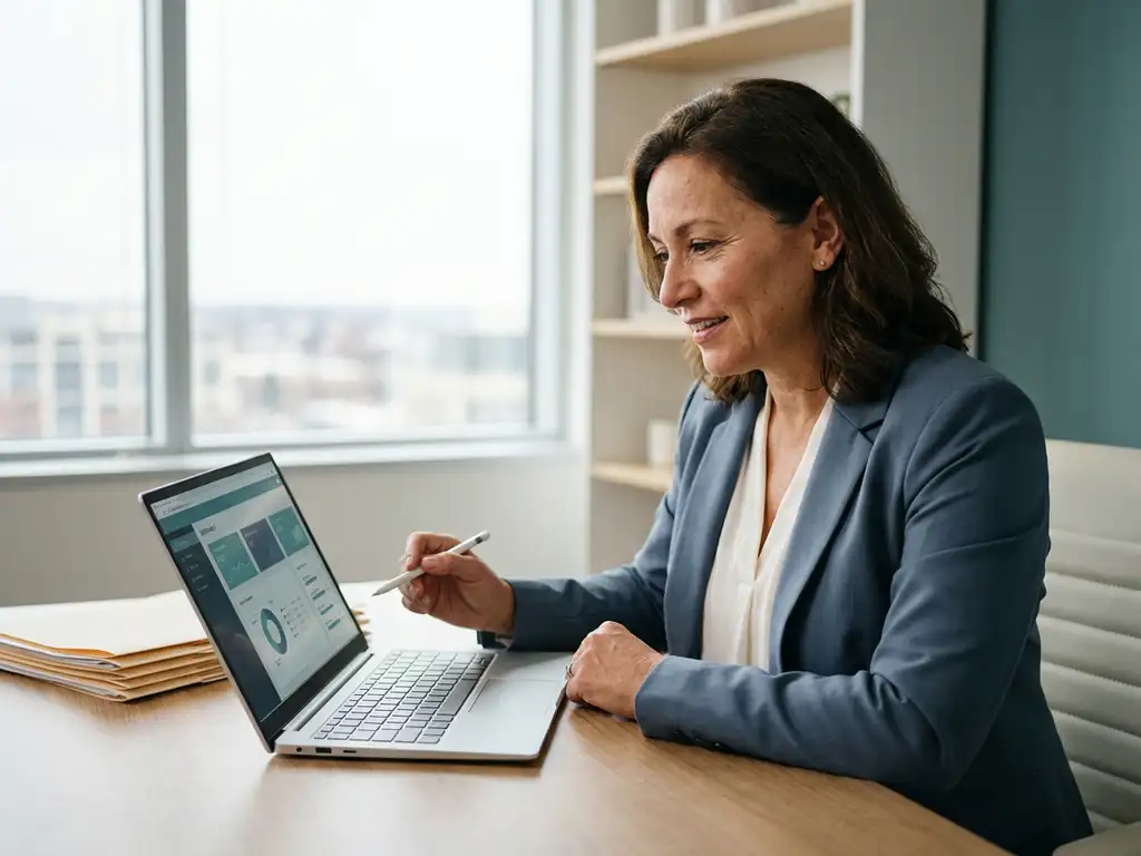 HR-Fachkraft prüft Lern-Dashboard auf Laptop im modernen Büro, Personalakten und Tageslichtfenster im Hintergrund.