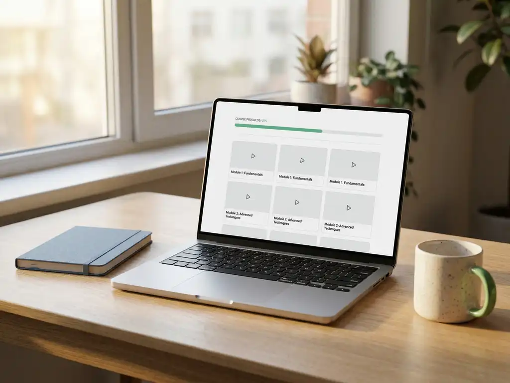 Laptop mit Kurs-Dashboard auf modernem Schreibtisch, daneben Notizbuch und Kaffeetasse im sanften Morgenlicht.