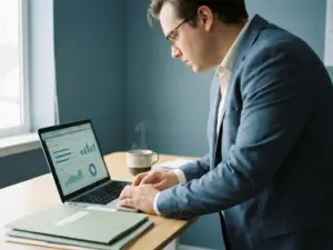 Fachkraft analysiert Kurs-Fortschritts-Dashboards auf Laptop, Trainingsordner und Kaffeetasse auf modernem Büroschreibtisch.