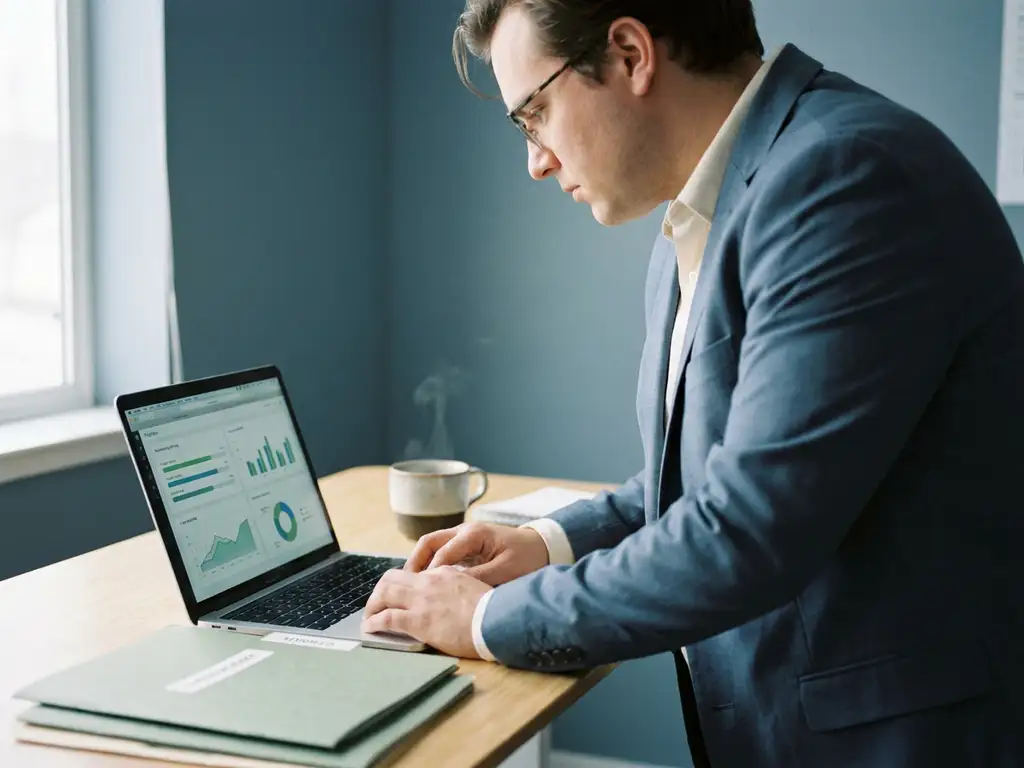 Fachkraft analysiert Kurs-Fortschritts-Dashboards auf Laptop, Trainingsordner und Kaffeetasse auf modernem Büroschreibtisch.