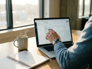 Profi-Hand arrangiert modulare Kurs-Kacheln auf Laptop-Bildschirm, Kaffeetasse und Notizbuch auf hellem Holzschreibtisch.