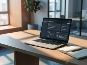 Laptop mit adaptivem Lern-Dashboard auf modernem Schreibtisch, daneben aufgeschlagenes Notizbuch mit Stift, warmes Büroambiente.