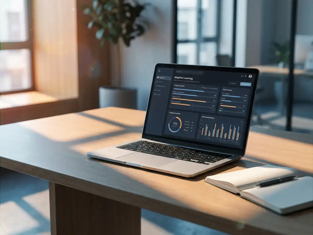 Laptop mit adaptivem Lern-Dashboard auf modernem Schreibtisch, daneben aufgeschlagenes Notizbuch mit Stift, warmes Büroambiente.