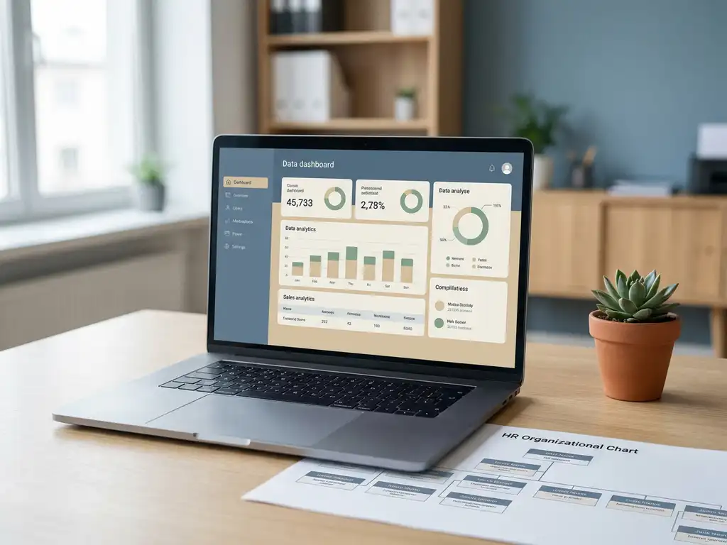 Laptop mit HR-Dashboard auf einem minimalistischen Büroschreibtisch, daneben ein Organigramm und eine kleine Topfpflanze, natürliches Seitenlicht.