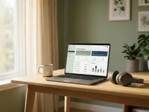 Laptop mit Lern-Dashboard auf minimalistischem Schreibtisch, Kaffeetasse und Kopfhörer daneben, warmes Morgenlicht.