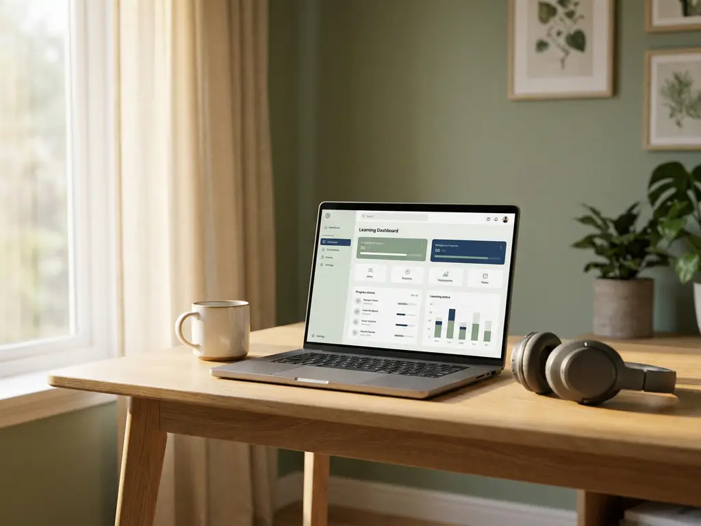Laptop mit Lern-Dashboard auf minimalistischem Schreibtisch, Kaffeetasse und Kopfhörer daneben, warmes Morgenlicht.