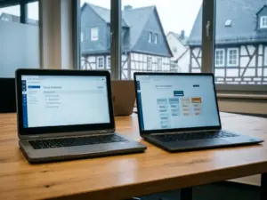 Laptop mit einfachem Kurs-Dashboard neben einem Enterprise-Workstation mit Team-Schulungsmodulen auf modernem Schreibtisch.