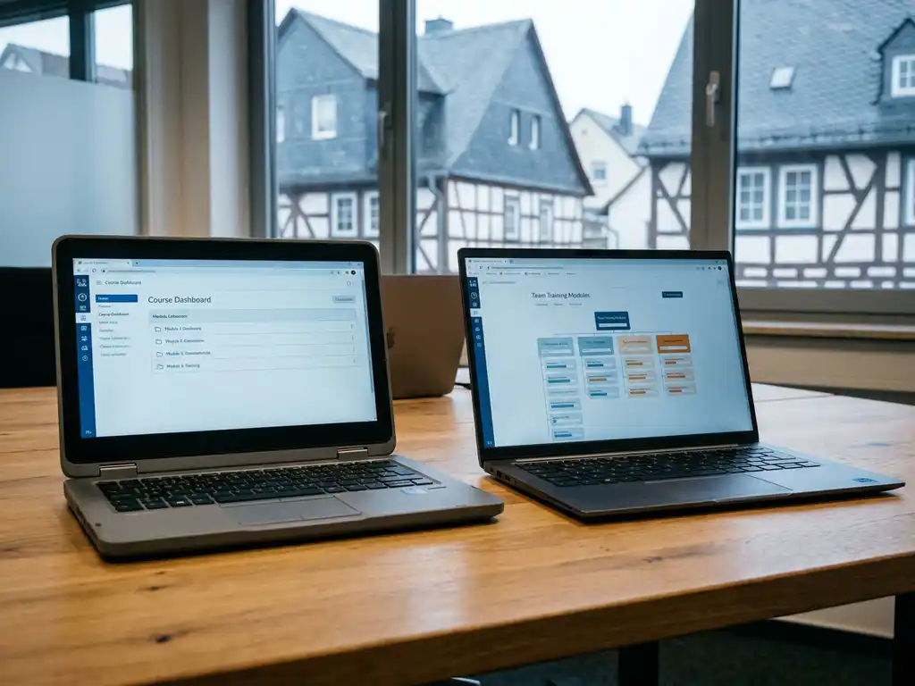 Laptop mit einfachem Kurs-Dashboard neben einem Enterprise-Workstation mit Team-Schulungsmodulen auf modernem Schreibtisch.