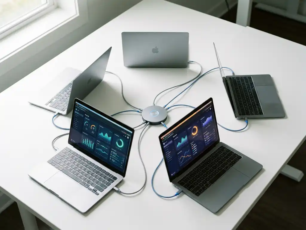 Laptops im Halbkreis auf weißem Schreibtisch, verbunden mit einem zentralen Hub, leuchtende Dashboards in Silber- und Blautönen.
