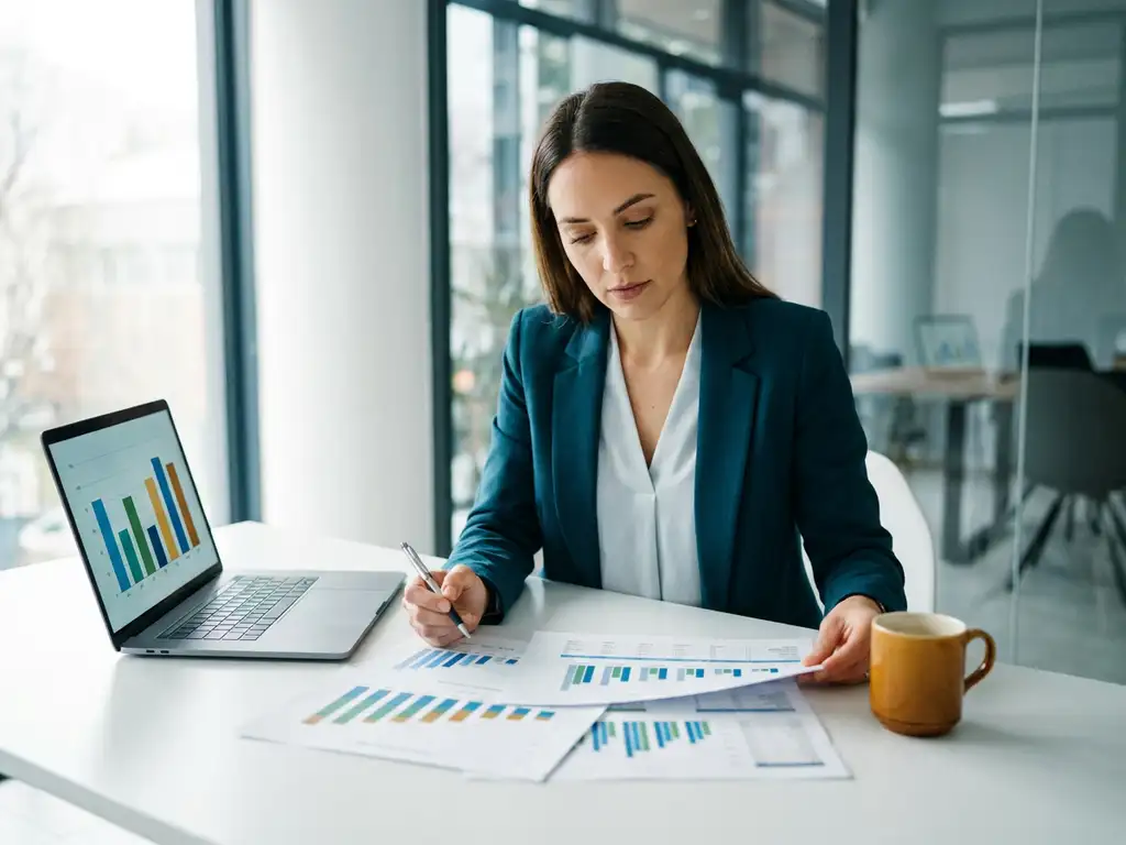 Frau analysiert Lernfortschrittsdiagramme auf modernem Schreibtisch mit Laptop und Kaffeetasse im Büro.