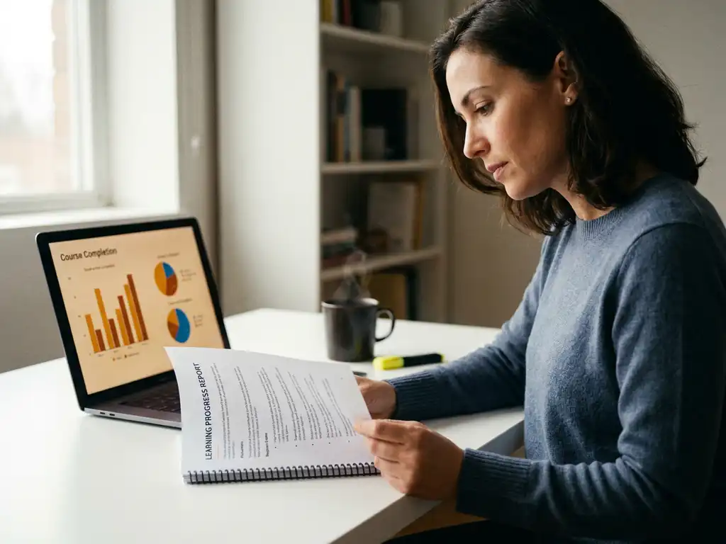 Fachkraft analysiert Lernfortschrittsbericht neben Laptop mit Kursdiagrammen, Kaffeetasse und Textmarker auf weißem Schreibtisch.