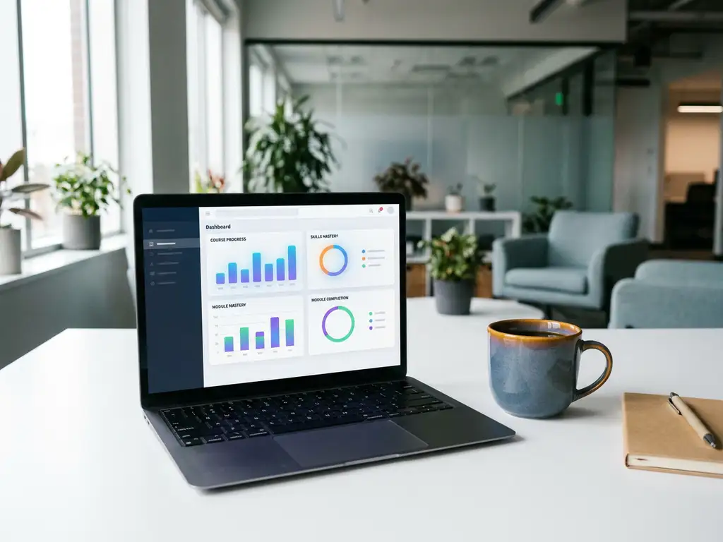 Laptop mit bunten Lernfortschritts-Diagrammen auf einem Dashboard, daneben Kaffeetasse und Notizbuch auf weißem Schreibtisch.