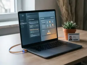 Laptop mit Lern-Dashboard verbunden mit HR-Oberfläche per Kabel, Sukkulente und Mitarbeiterausweis auf modernem Büroschreibtisch.