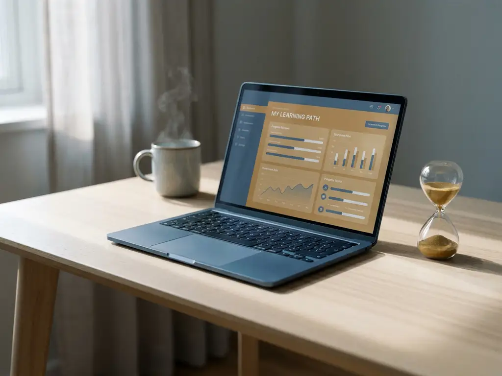 Laptop mit Lern-Dashboard auf modernem Schreibtisch, daneben eine Sanduhr mit goldenem Sand und eine dampfende Kaffeetasse im Hintergrund.
