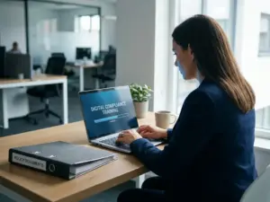 Mitarbeiter absolviert digitales Compliance-Training am Laptop, daneben ein Ordner mit Richtliniendokumenten auf modernem Büroschreibtisch.