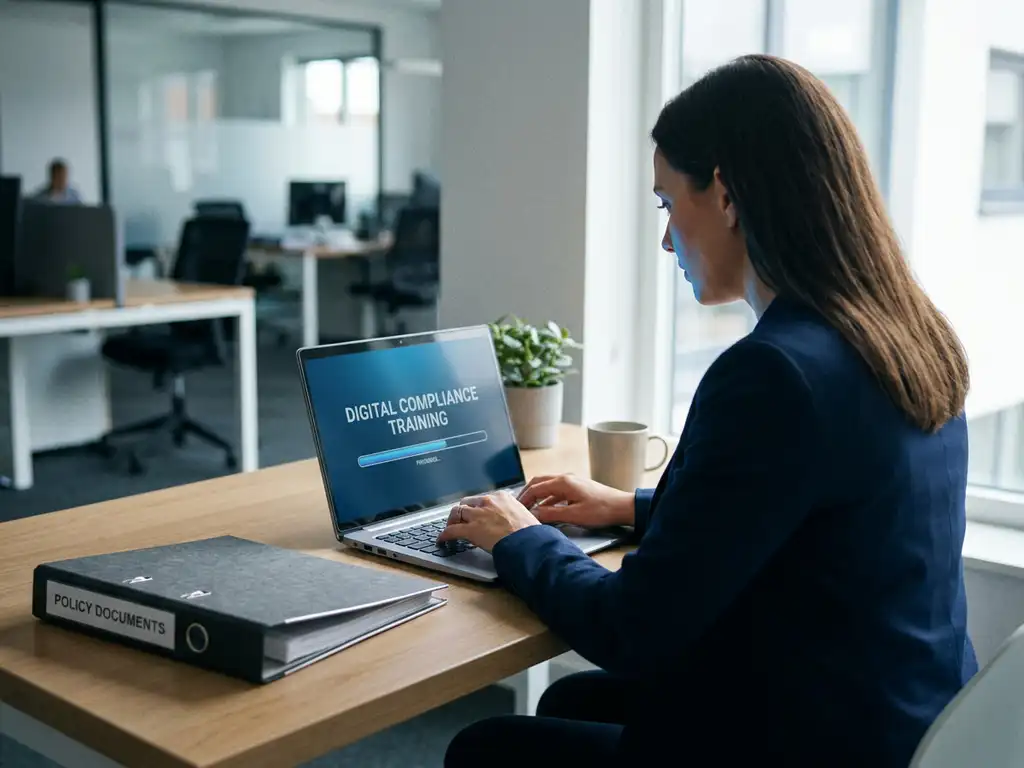 Mitarbeiter absolviert digitales Compliance-Training am Laptop, daneben ein Ordner mit Richtliniendokumenten auf modernem Büroschreibtisch.