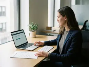 Mitarbeiter absolviert Compliance-Schulung am Laptop im modernen Büro, Checkliste auf Papier daneben, natürliches Fensterlicht.