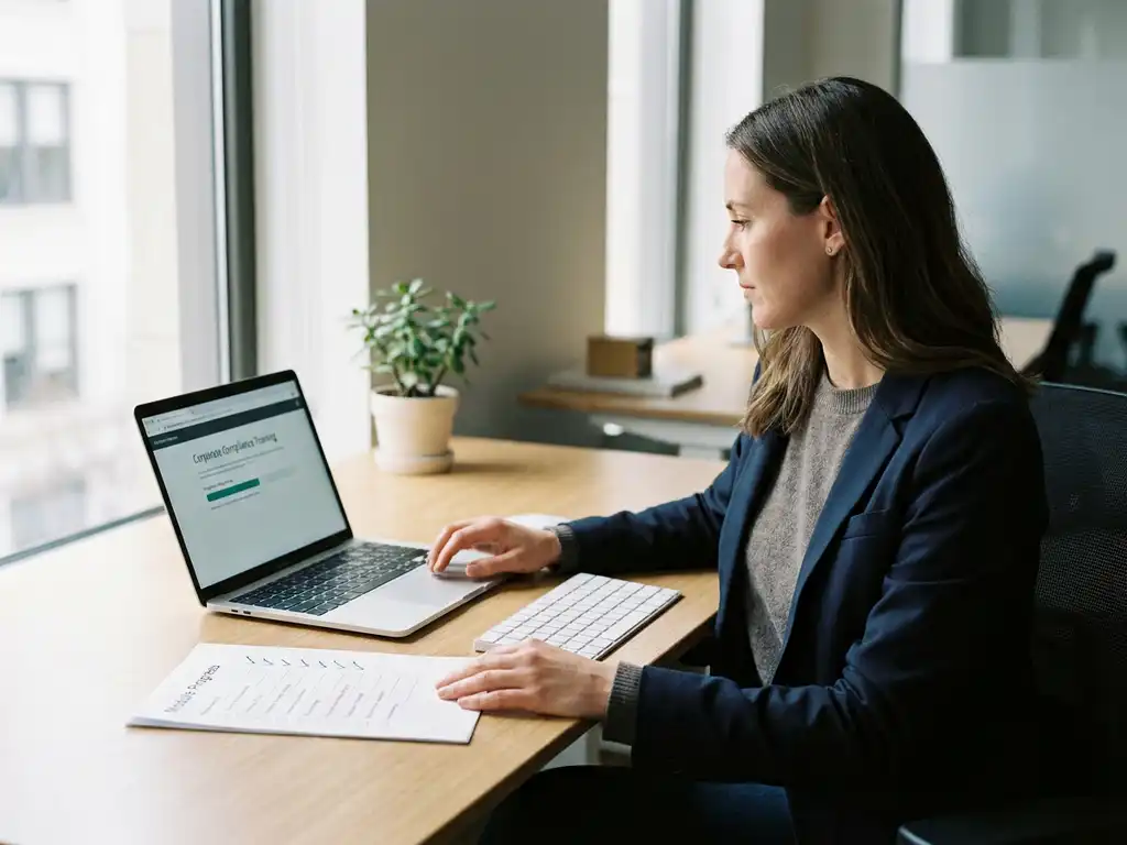 Mitarbeiter absolviert Compliance-Schulung am Laptop im modernen Büro, Checkliste auf Papier daneben, natürliches Fensterlicht.