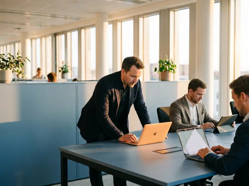 Fachkraft in Business-Kleidung lernt am Laptop in modernem Großraumbüro mit Kollegen und warmem Sonnenlicht.