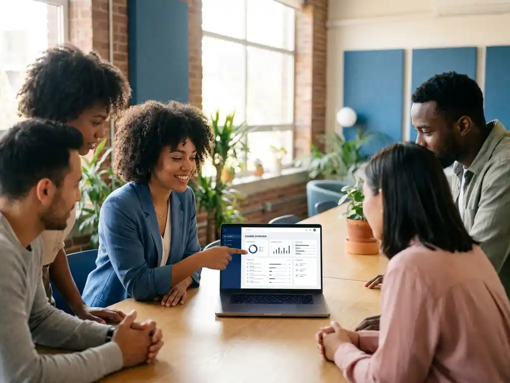 Diverse Mitarbeitende um einen Laptop mit Lernplattform-Dashboard in hellem Büro, eine Person zeigt lächelnd auf den Bildschirm.