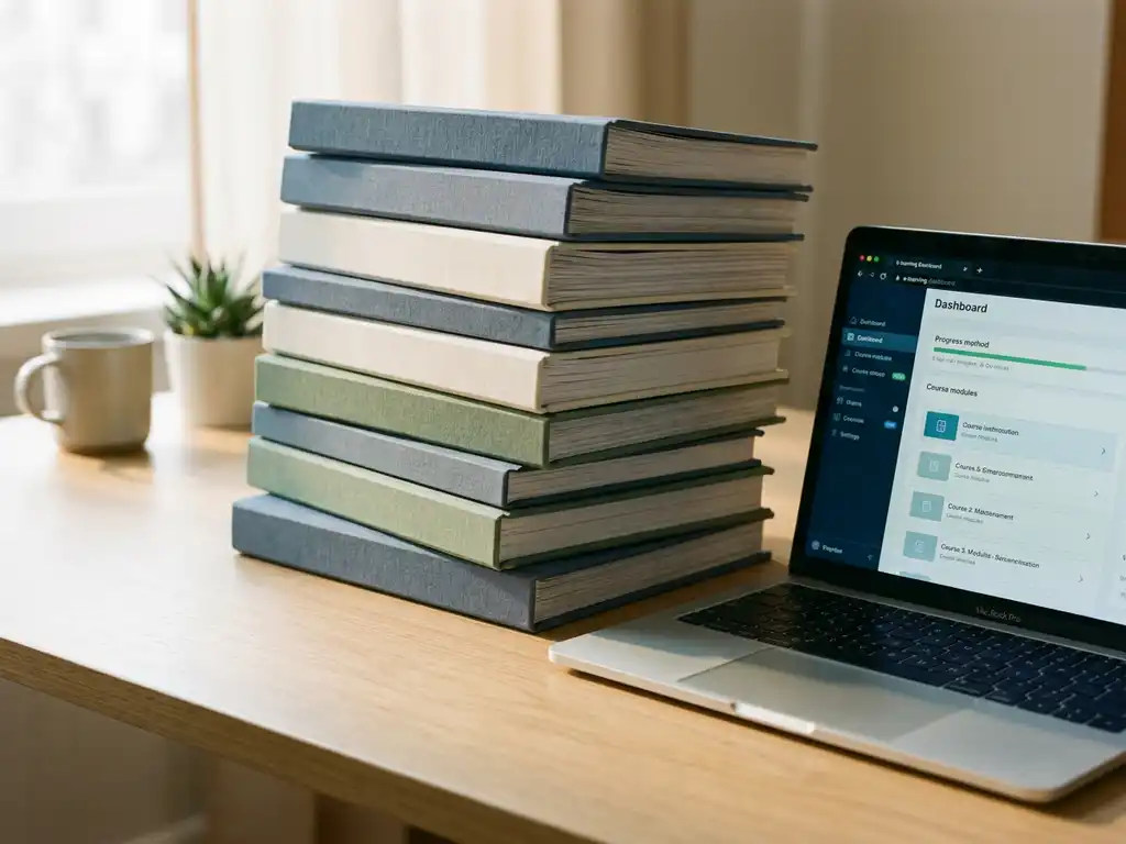 Hoher Stapel Schulungsordner und Mitarbeiterhandbücher auf Schreibtisch neben aufgeklapptem Laptop mit Kurs-Dashboard.