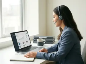 Mitarbeiter mit Headset studiert Kurs-Dashboard auf Laptop, umgeben von Schulungsordnern und Kaffeetasse auf modernem Schreibtisch.