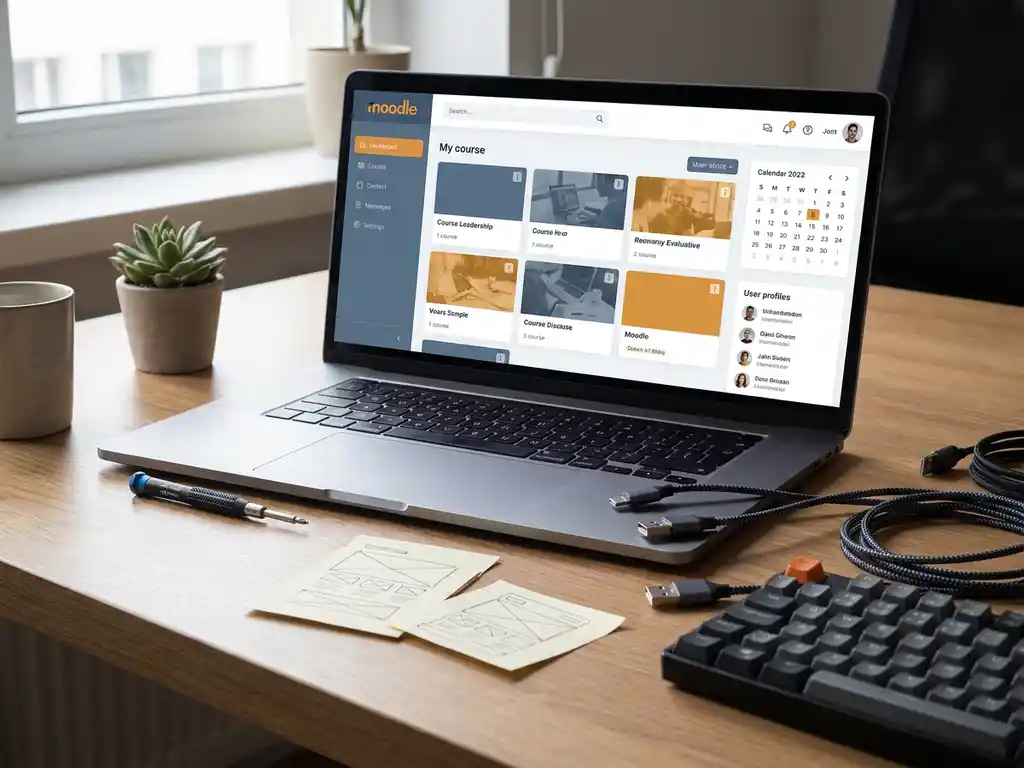 Moodle-Dashboard auf Laptop neben Entwicklerwerkzeugen, Tastatur und Notizen mit Skizzen auf modernem Schreibtisch.