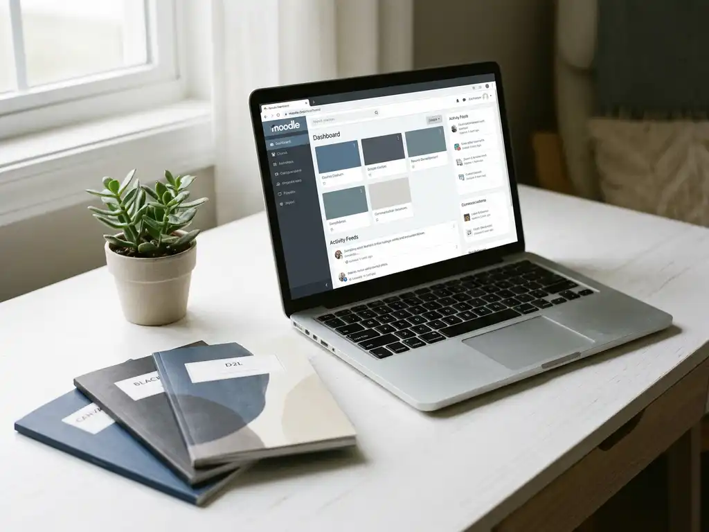Laptop mit geöffnetem Lernmanagementsystem auf weißem Schreibtisch, umgeben von gefächerten Kursbroschüren und kleiner grüner Pflanze.