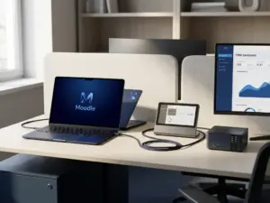 Moodle-Laptop vernetzt über Kabel mit HR-Terminal, CRM-Dashboard und Server auf modernem Büroschreibtisch in Blau und Grau.