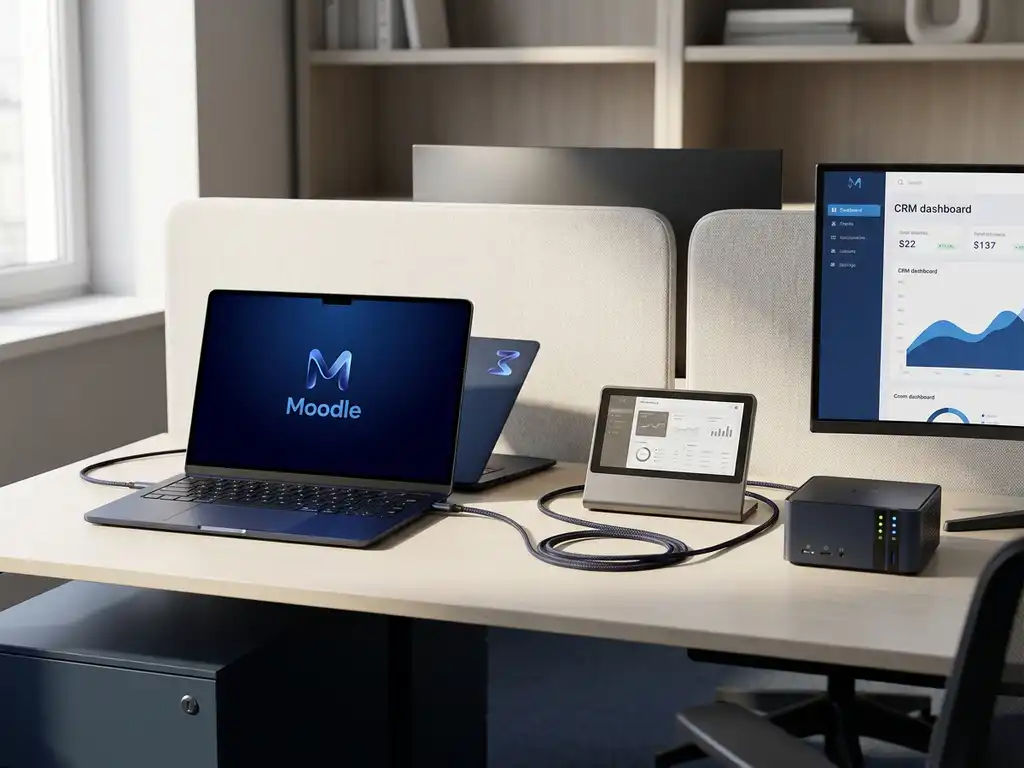 Moodle-Laptop vernetzt über Kabel mit HR-Terminal, CRM-Dashboard und Server auf modernem Büroschreibtisch in Blau und Grau.