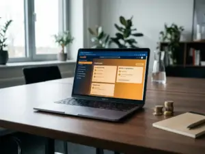Laptop mit Moodle-Kurs-Dashboard auf modernem Schreibtisch neben Euromünzen und Notizbuch, natürliches Seitenlicht.