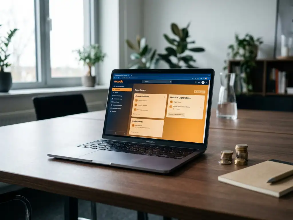 Laptop mit Moodle-Kurs-Dashboard auf modernem Schreibtisch neben Euromünzen und Notizbuch, natürliches Seitenlicht.