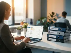 Fachkraft richtet Moodle-Lernplattform auf Laptop ein, daneben Schulungsordner auf modernem Büroschreibtisch.
