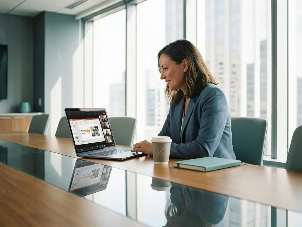 UnternehmensTrainer arbeitet am Laptop mit Moodle-Sitzung in modernem Büro mit Panoramafenstern und weichem Tageslicht.