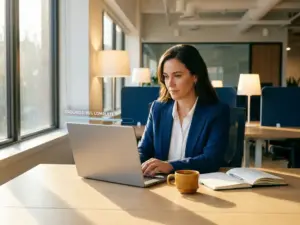 Fachkraft arbeitet an einem Online-Kurs auf einem Laptop im modernen Büro, Fortschritts-Dashboard sichtbar, warmes Morgenlicht.