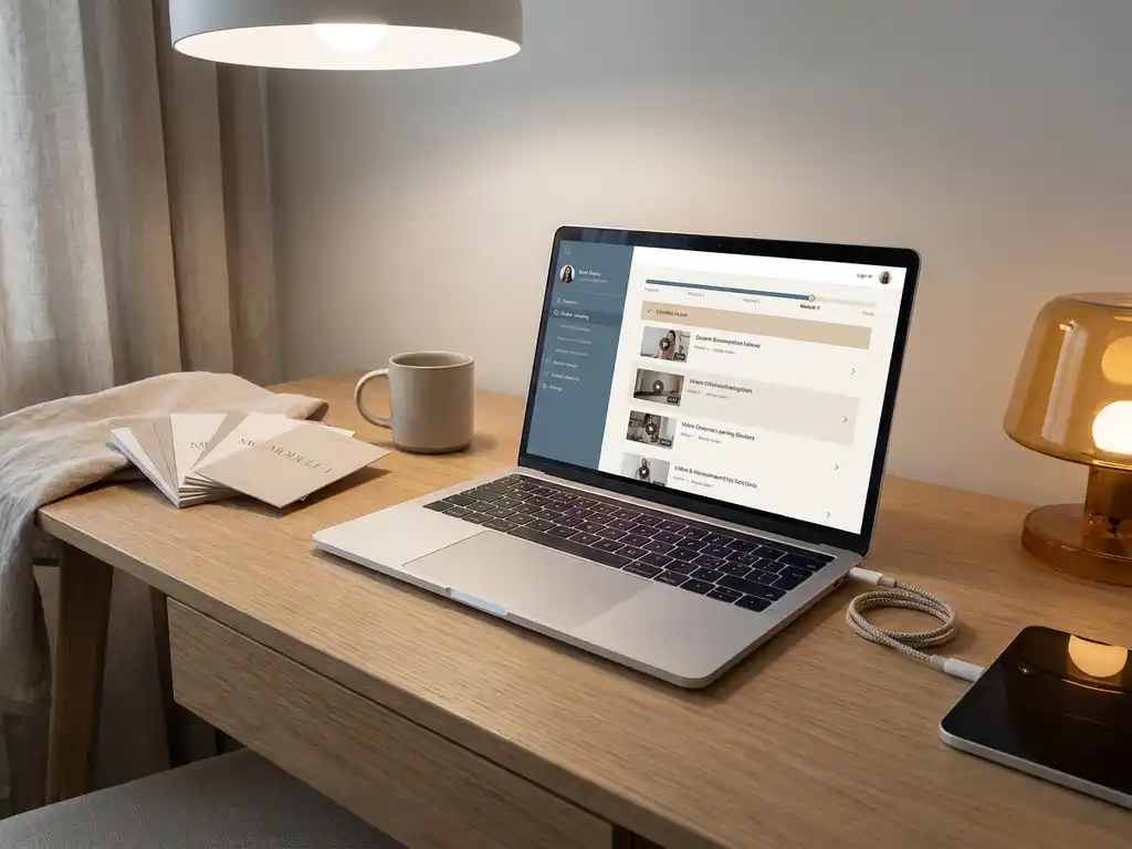Laptop mit Online-Kurs-Oberfläche auf modernem Schreibtisch, daneben gefächerte Lernmodulkarten und verbundene Geräte.