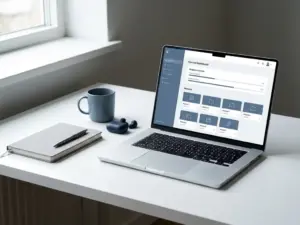 Laptop mit Kurs-Dashboard auf weißem Schreibtisch, daneben Notizbuch, Kaffeetasse und kabellose Ohrhörer im natürlichen Fensterlicht.