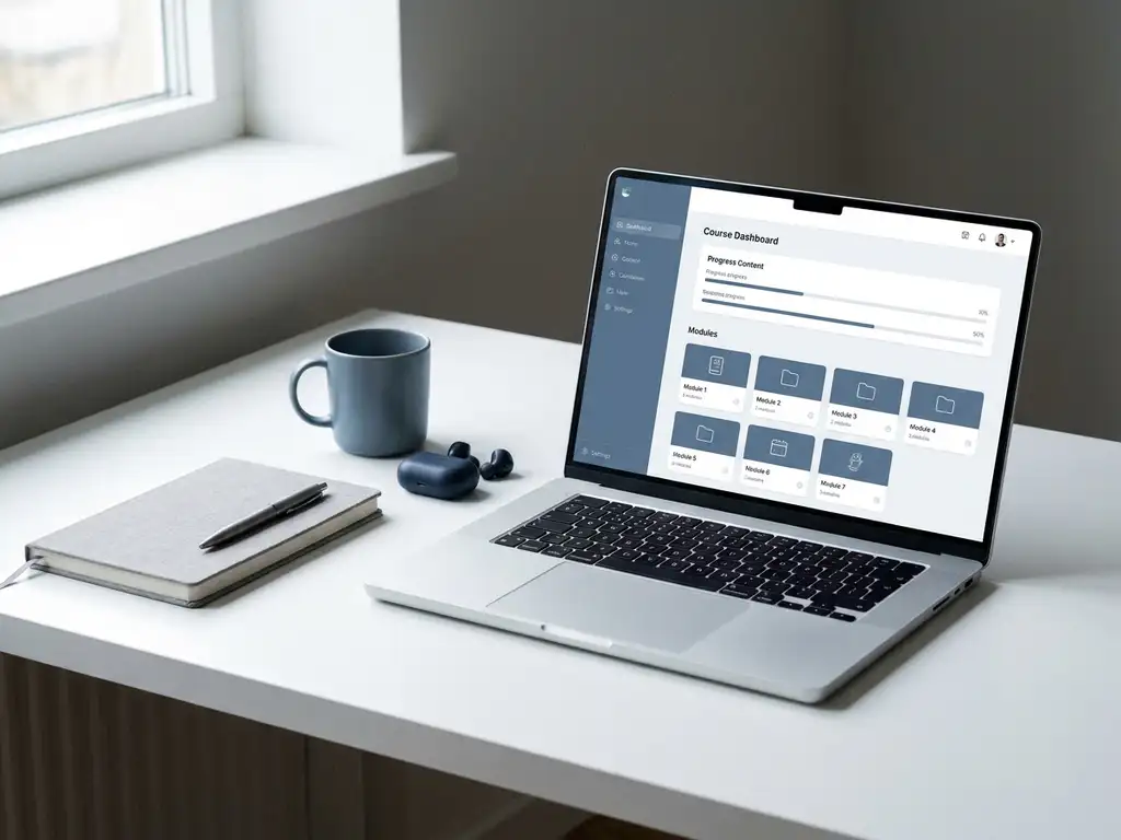 Laptop mit Kurs-Dashboard auf weißem Schreibtisch, daneben Notizbuch, Kaffeetasse und kabellose Ohrhörer im natürlichen Fensterlicht.