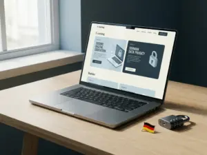 Laptop mit E-Learning-Oberfläche auf modernem Schreibtisch, daneben deutsche Flagge und Kombinationsschloss als Symbol für sichere Online-Kurse.