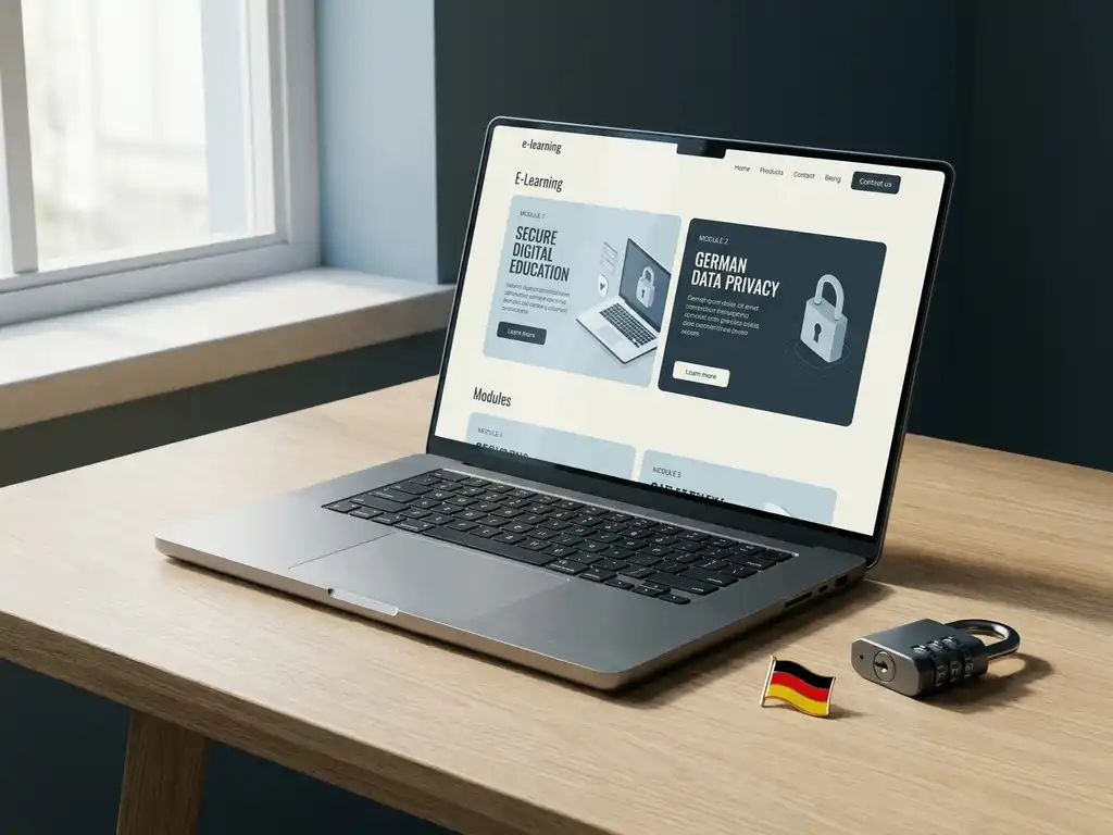 Laptop mit E-Learning-Oberfläche auf modernem Schreibtisch, daneben deutsche Flagge und Kombinationsschloss als Symbol für sichere Online-Kurse.