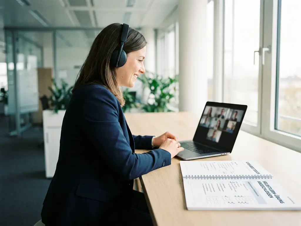 Fachkraft mit Kopfhörern im Video-Call am Laptop, daneben aufgeschlagenes Kurs-Workbook auf modernem Büroschreibtisch.