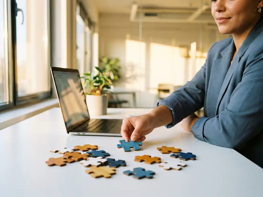 Fachkraft platziert erstes Puzzleteil auf weißem Schreibtisch neben aufgeklapptem Laptop in hellem, modern eingerichtetem Büro.