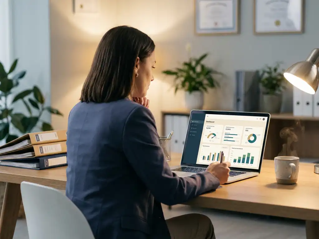 Unternehmenstrainer analysiert digitales Dashboard auf Laptop, umgeben von Ordnern und Kaffeetasse auf modernem Schreibtisch.
