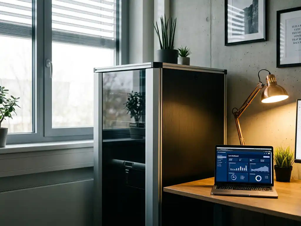 Modernes Server-Rack in deutschem Büro neben aufgeklapptem Laptop mit Lern-Dashboard, professionelle Unternehmensatmosphäre.