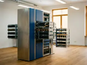 Modulares Server-Rack in einem modernen deutschen Büro mit hellen Wänden und Eichenparkett, umgeben von kleineren verzweigten Racks.