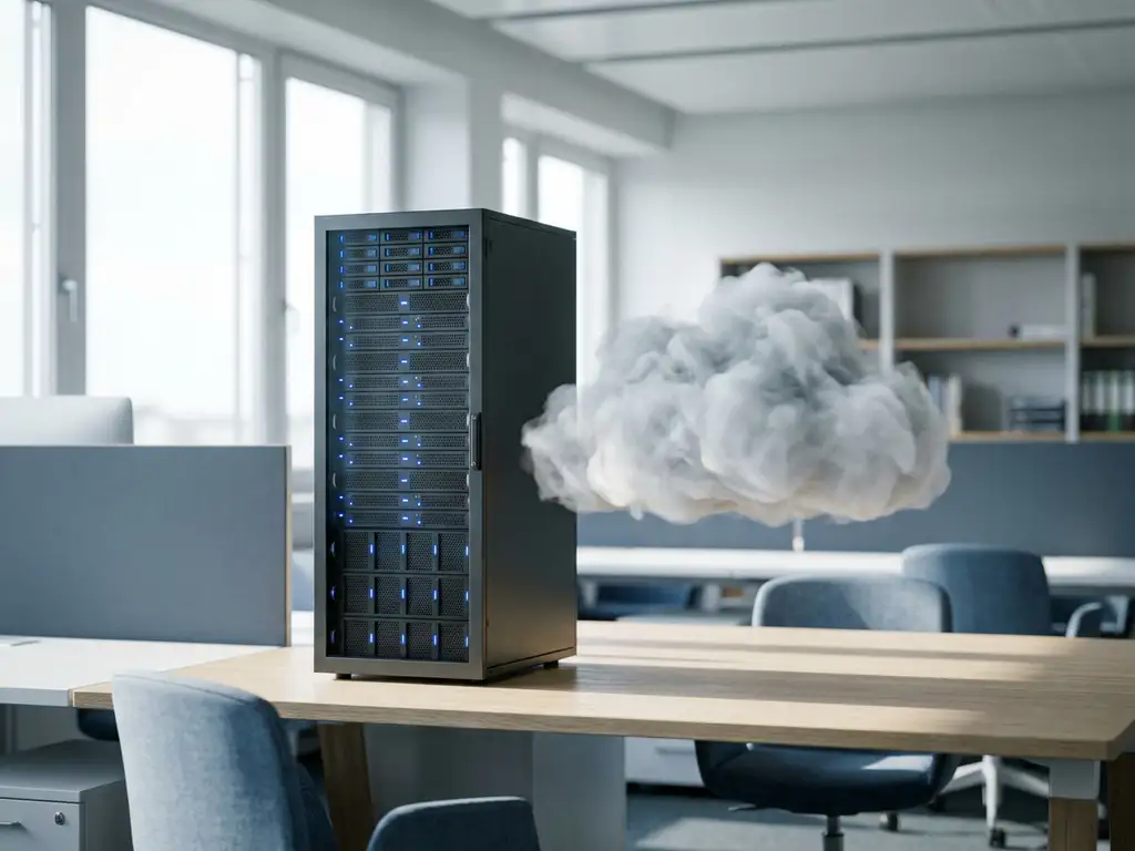 Serverrack neben einer wolkenförmigen Nebelform auf einem modernen Schreibtisch in einem deutschen Büro mit neutralen Farbtönen.