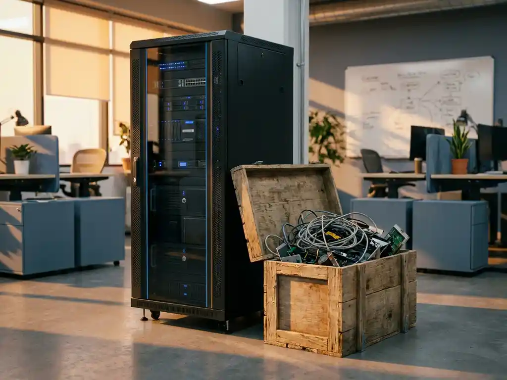 Serverrack neben einer offenen Holzkiste mit Kabeln und Elektronikbauteilen in einem modernen E-Learning-Büro.